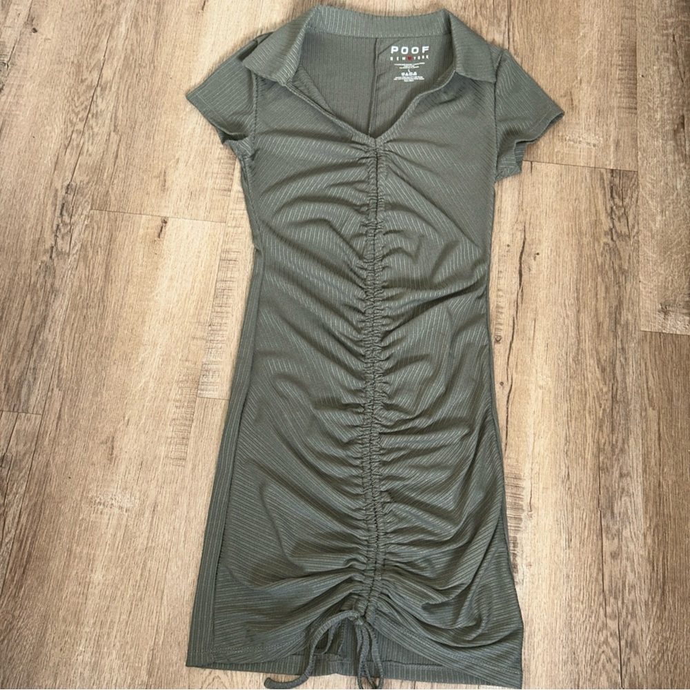 Poof! Olive Ribbed Ruched Polo Midi Dress Sz Large summer, casual